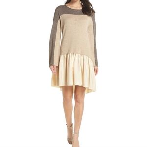 Caara Tan & Cream Wool Blend Colorblock Sweater Shift Dress - Size XL